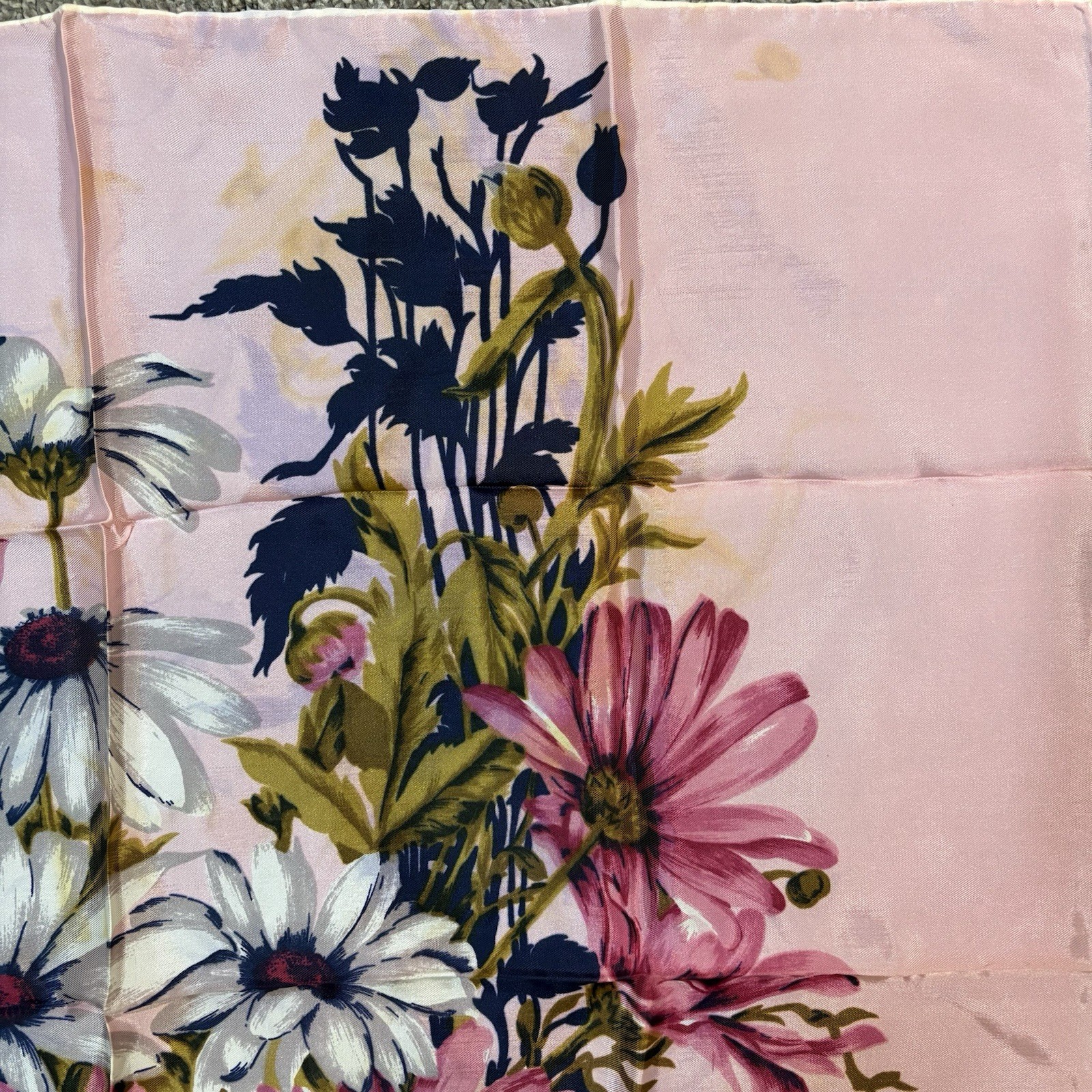 Polyester Twill Square Scarf Pink Multicolor Floral Hand Rolled Made in Japan