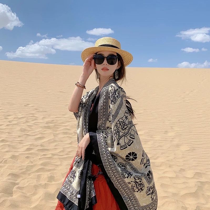 Elephant Print Scarf Shawl Wrap Ethnic Lightweight Cover for Summer Travel Sun