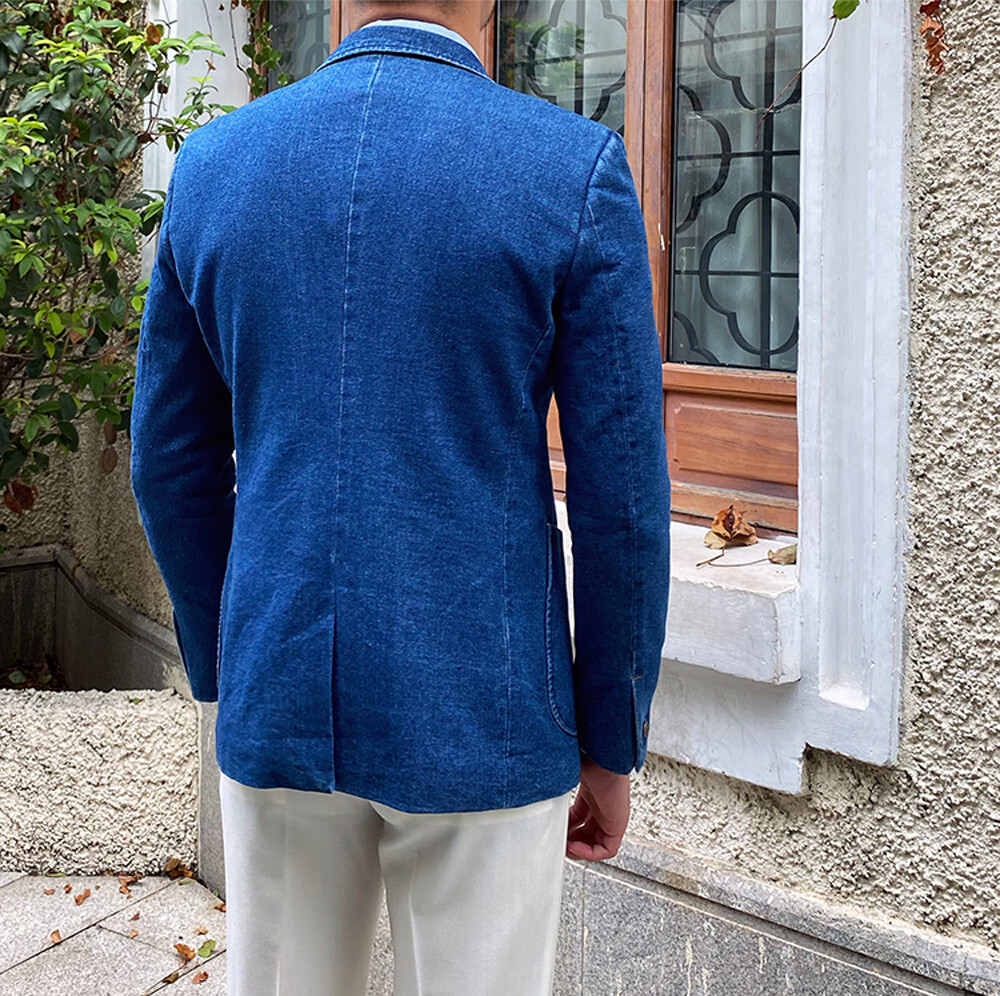 Denim Men Suits Single-Breasted Jacket Notch Lapel Blazer Business Casual Wear