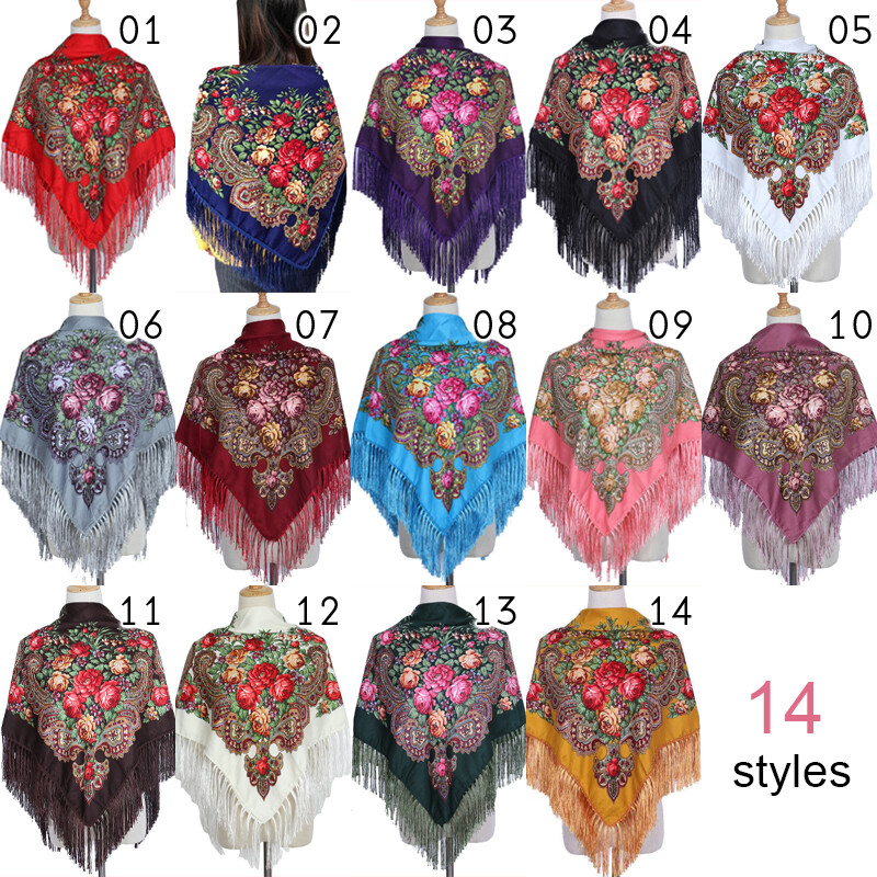 Ethnic Style Shawl Print Square Scarf Cotton Scarf Retro Tassel Shawl Women
