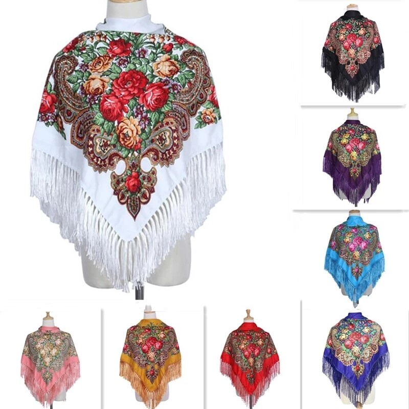 Ethnic Style Shawl Print Square Scarf Cotton Scarf Retro Tassel Shawl Women