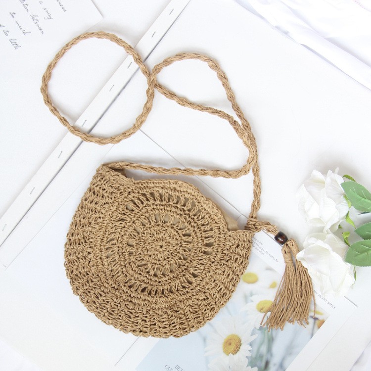 Handmade Crochet Straw Crossbody Bag, Round Woven Tassel Shoulder Bag for Beach