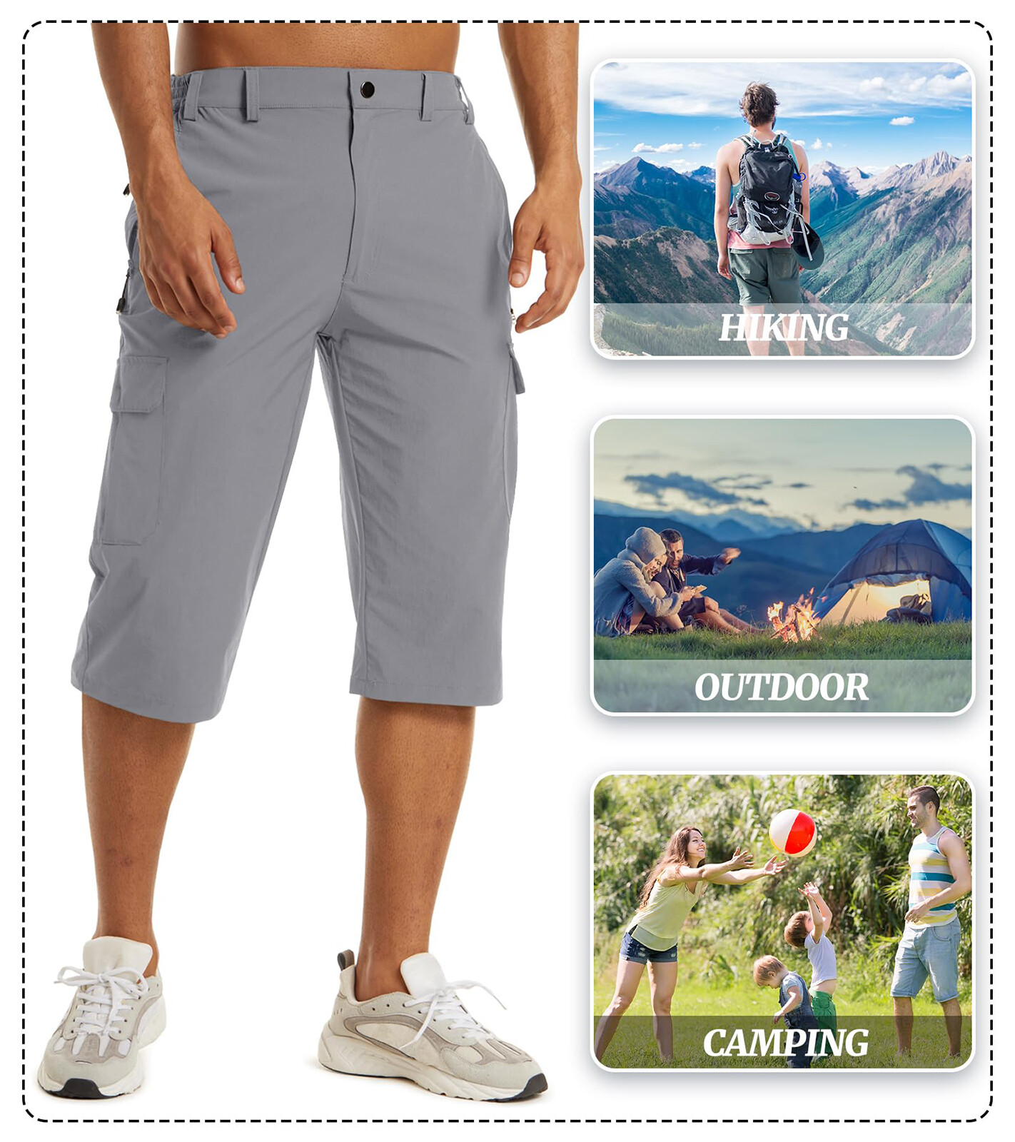 Mens Capri Pants Cargo Long Shorts Quick Drying Lightweight 3/4 Below Knee Pants