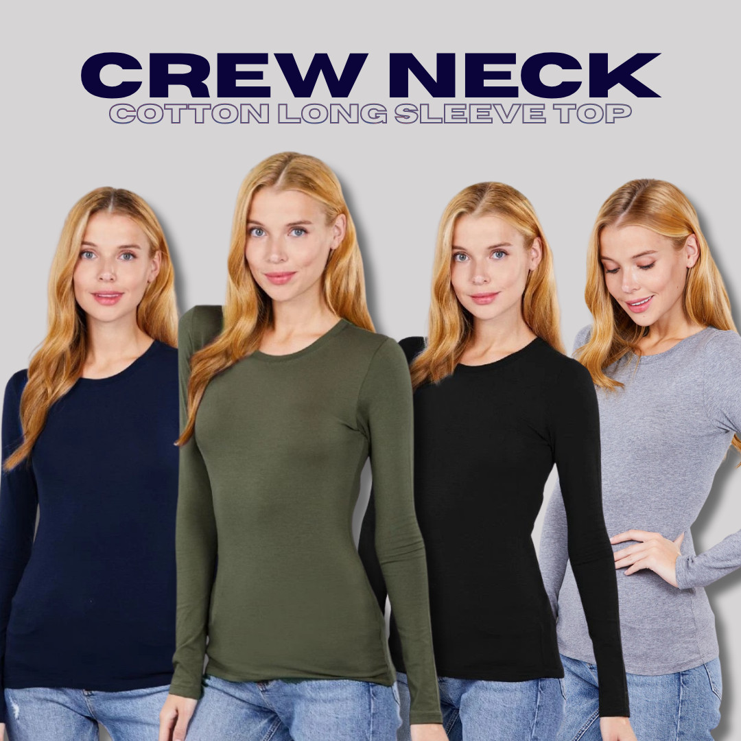 Women’s Crew Round Neck Long Sleeve T-Shirt Stretch Soft Cotton Basic Plain Top