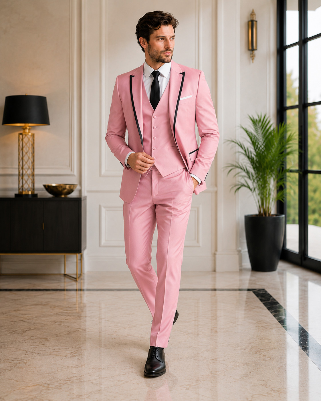 Mens Pink 3 Piece Suit Black Trim Blazer Vest Pants Wedding Prom Formal Tuxedo