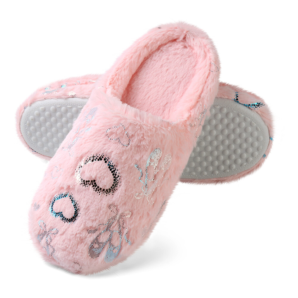 Women Fashion Plush Cozy Soft Warm Slippers Heart Pattern Indoor Bedroom Shoes