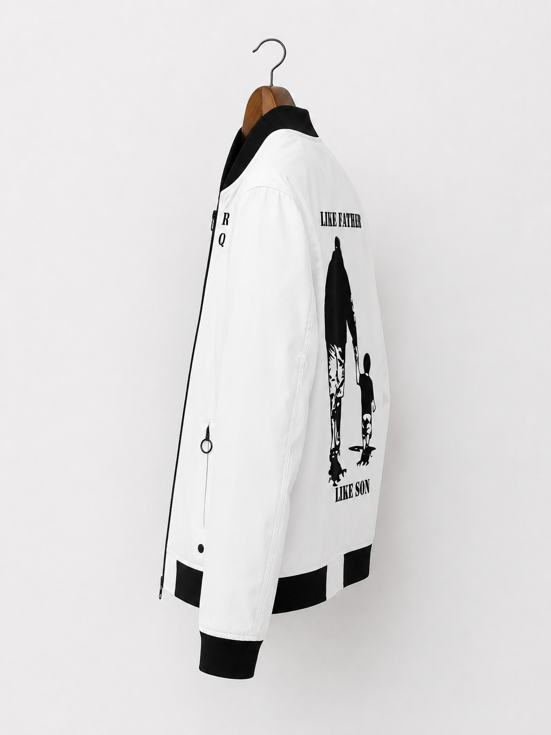 Men’s White “Like Father Like Son” Bomber Jacket DTF Print Cotton Poly XXS-5XL