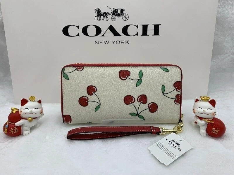 Coach CF406 Long Zip Around Wallet OUTLET Leather White Cherry