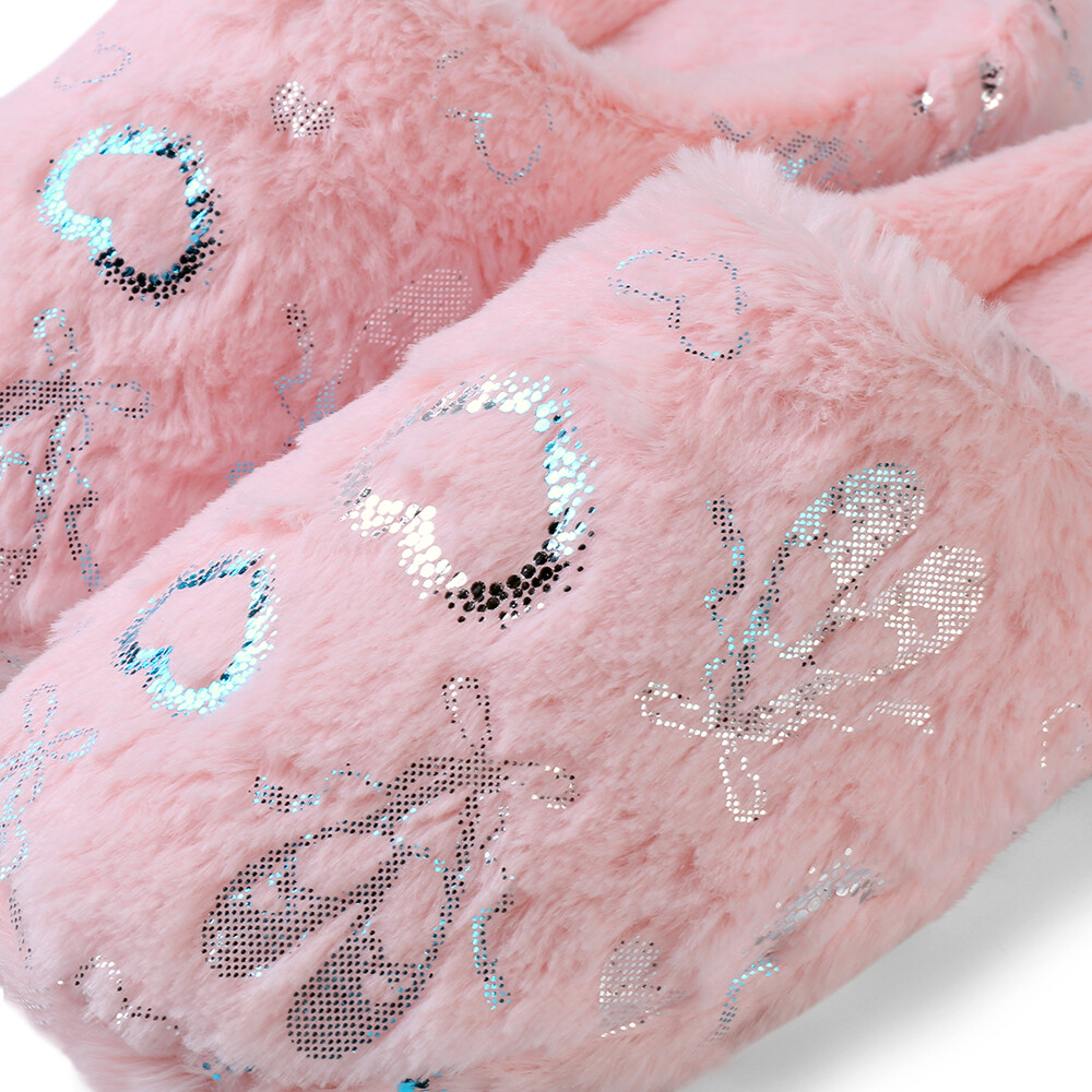 Women Fashion Plush Cozy Soft Warm Slippers Heart Pattern Indoor Bedroom Shoes