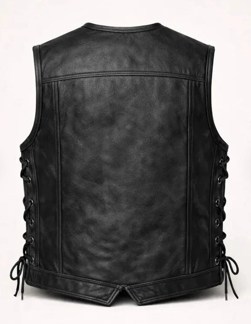 Men’s Black Leather Biker Vest Snap Button Motorcycle Waistcoat Lace Side Adjust