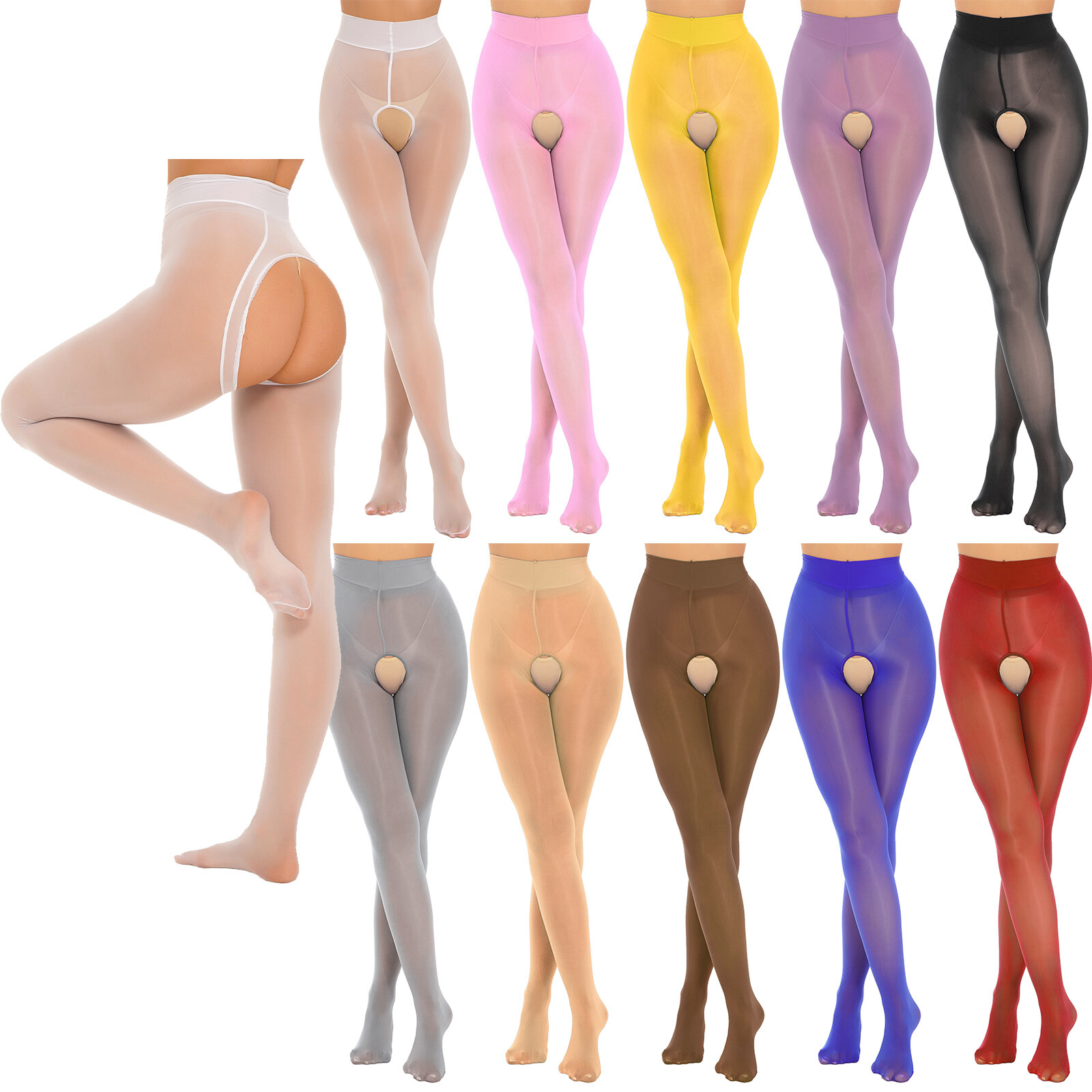 Women Oil Glossy Crotchless Pantyhose Stockings Stretchy Tights Sports Lingerie