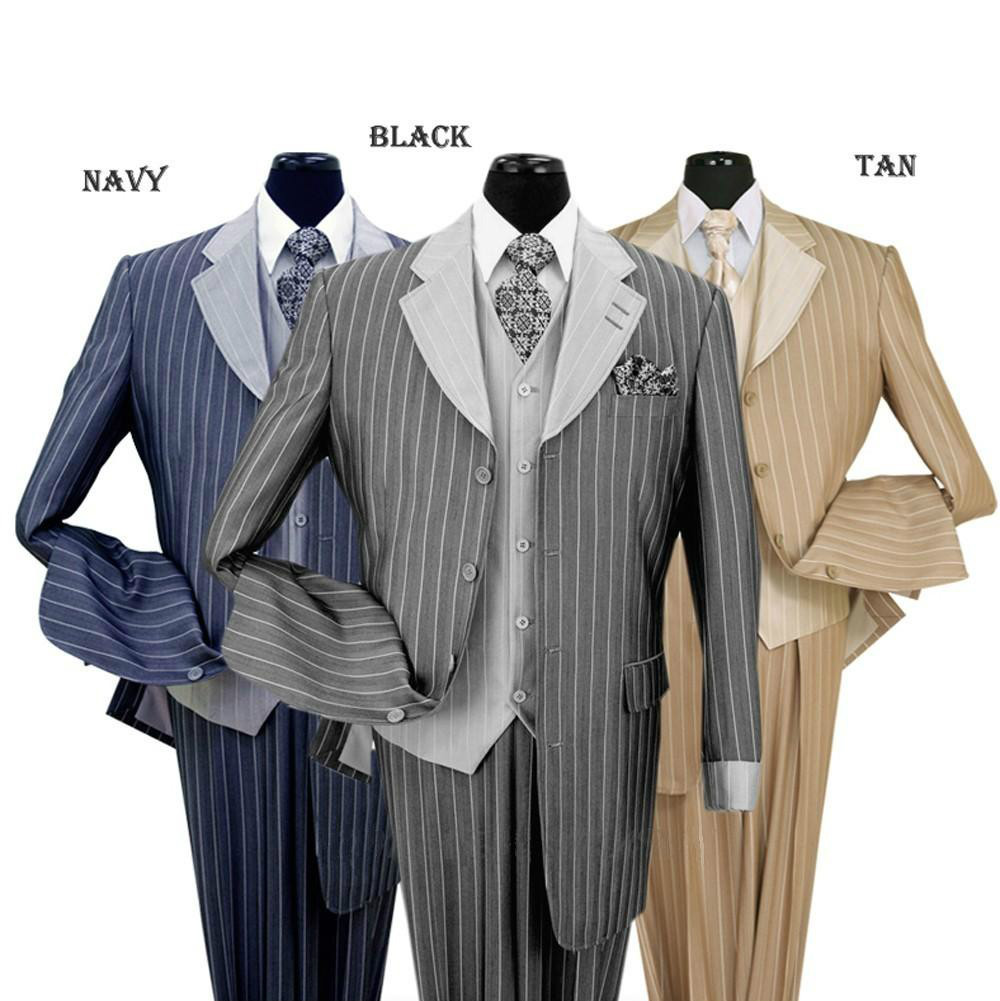 Men’s 3 piece Luxurious striped Suit With Pants & Vest Color Black Size 38R~56L
