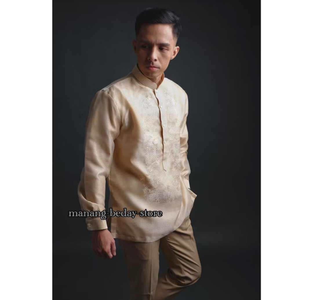 Barong Tagalog for Men Pina Organza w/ Lining Beige Spots & Chinese collar