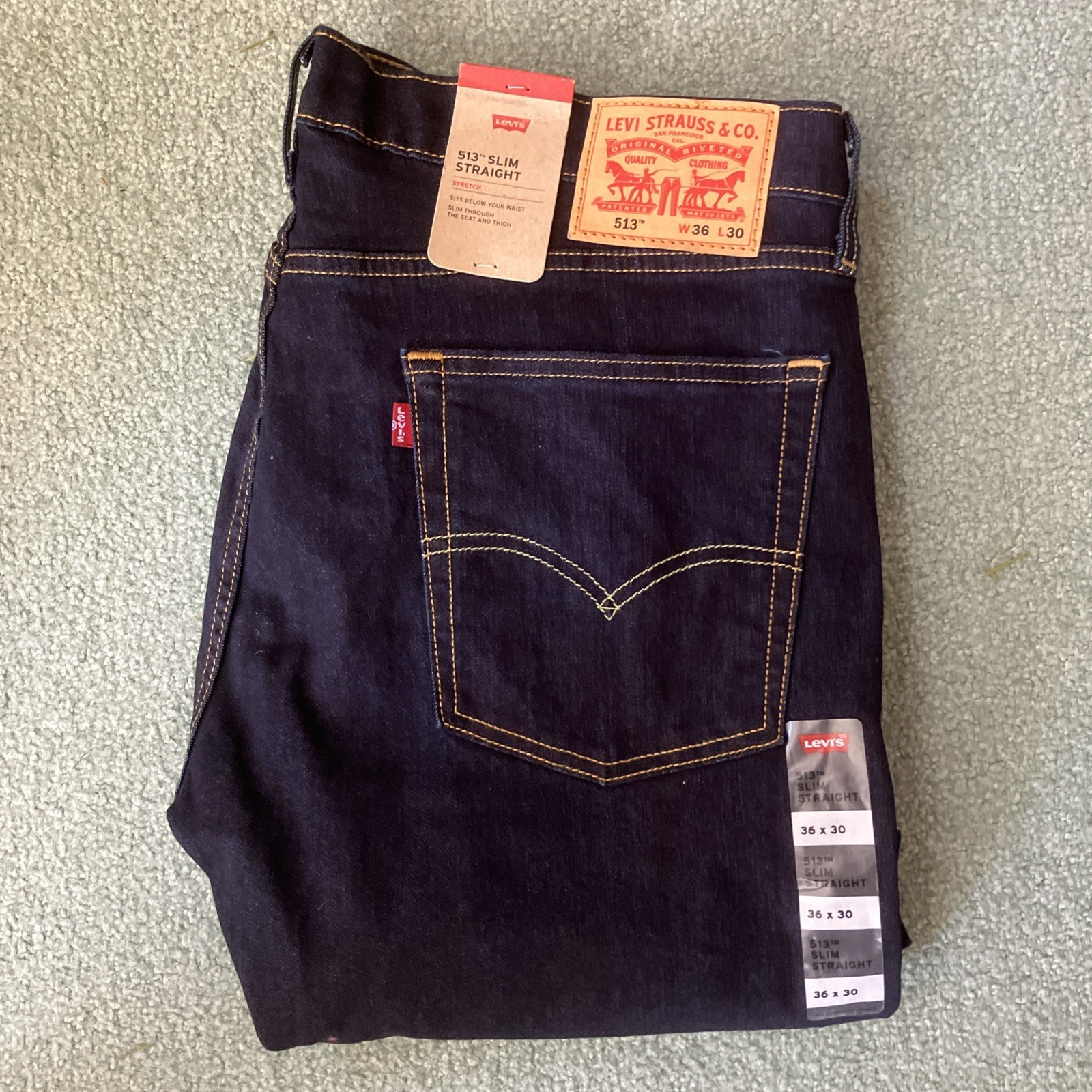 NWT Men’s Levi’s 513 Slim Stretch Straight Dark Wash Blue Jeans Size 36”x30”