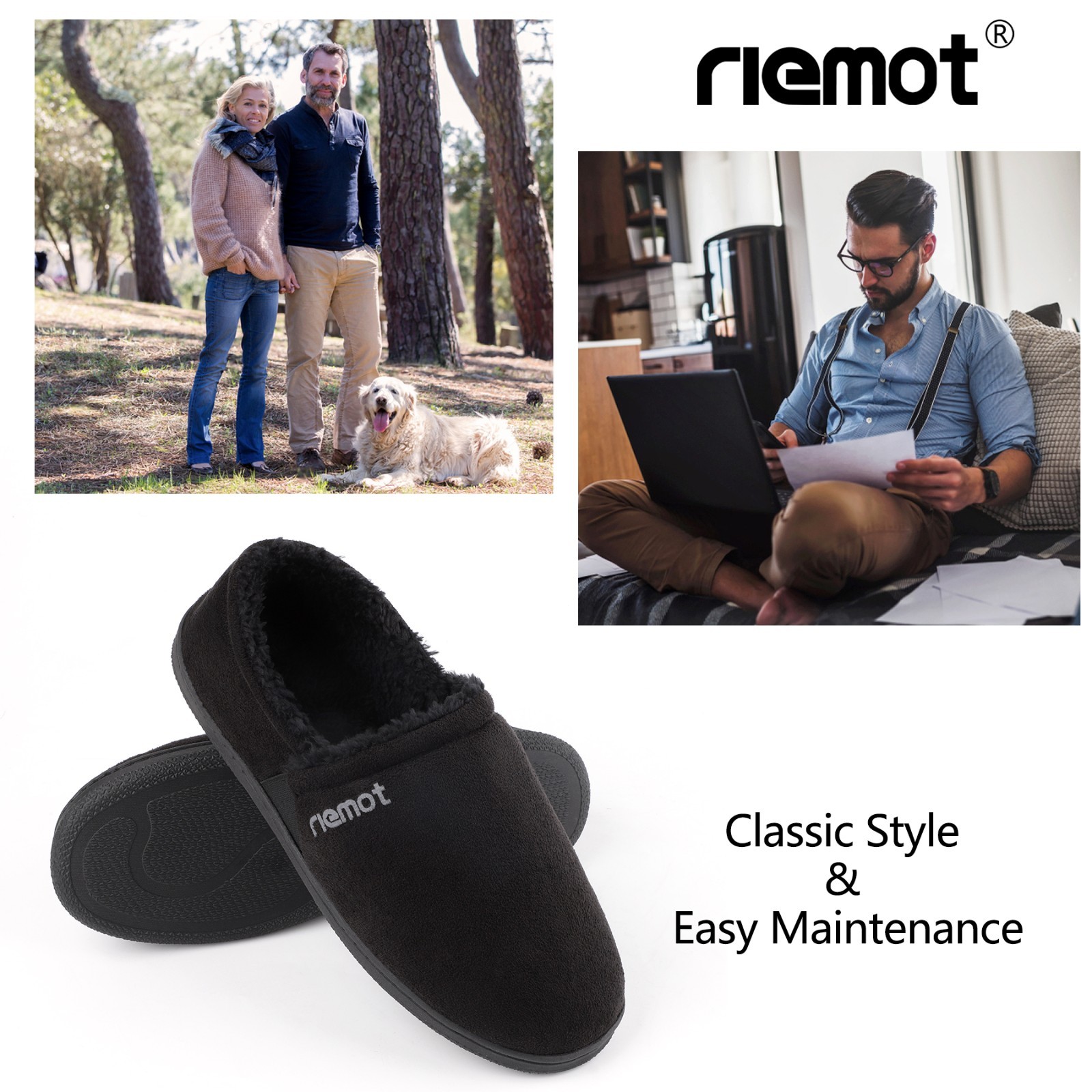 riemot Mens Moccasin Slippers Winter Soft Memory Foam House Shoes Warm Slipon