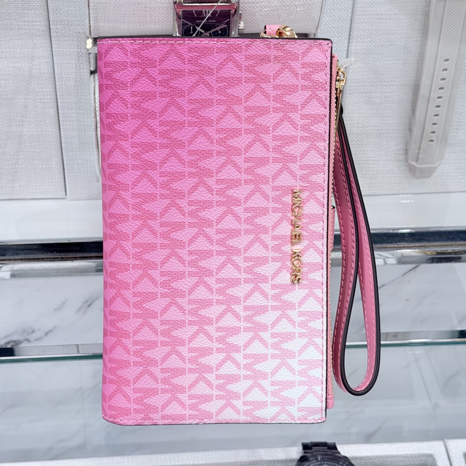 Michael Kors Jet Set Travel Double Zip Wristlet Wallet MK Logo Ombre Carnation