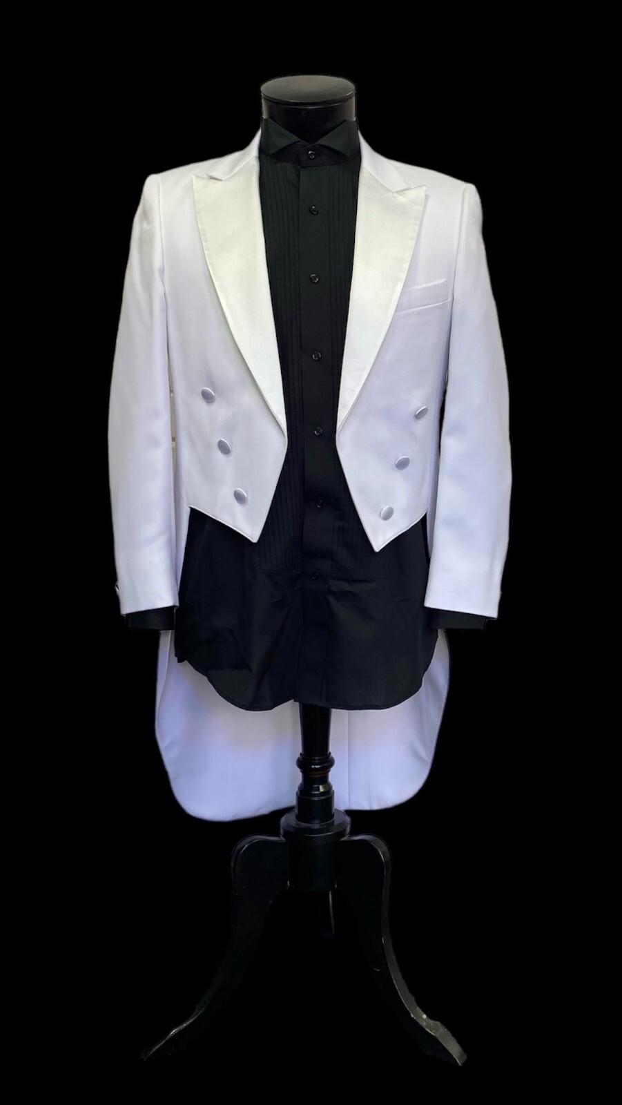Men’s White Tuxedo Tailcoat with Satin Lapels- Easy Care Wedding Prom Black Tie
