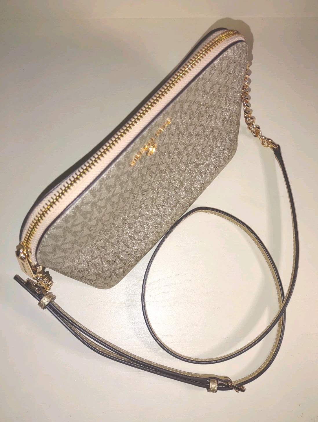 Michael Kors Jet Set Travel Dome Crossbody – Pale Gold Metallic Logo Design