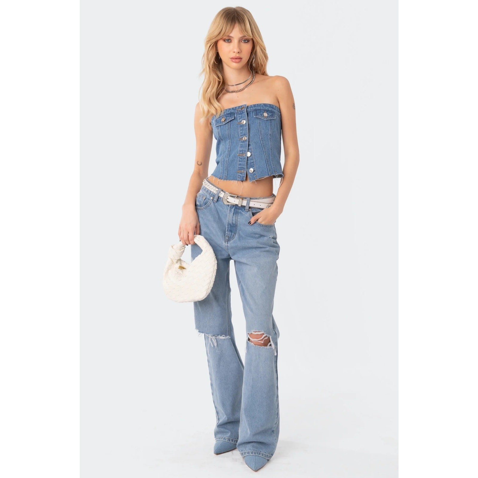 Edikted River Denim Tube Top Med Blue 100% Cotton Smocked Back Y2K