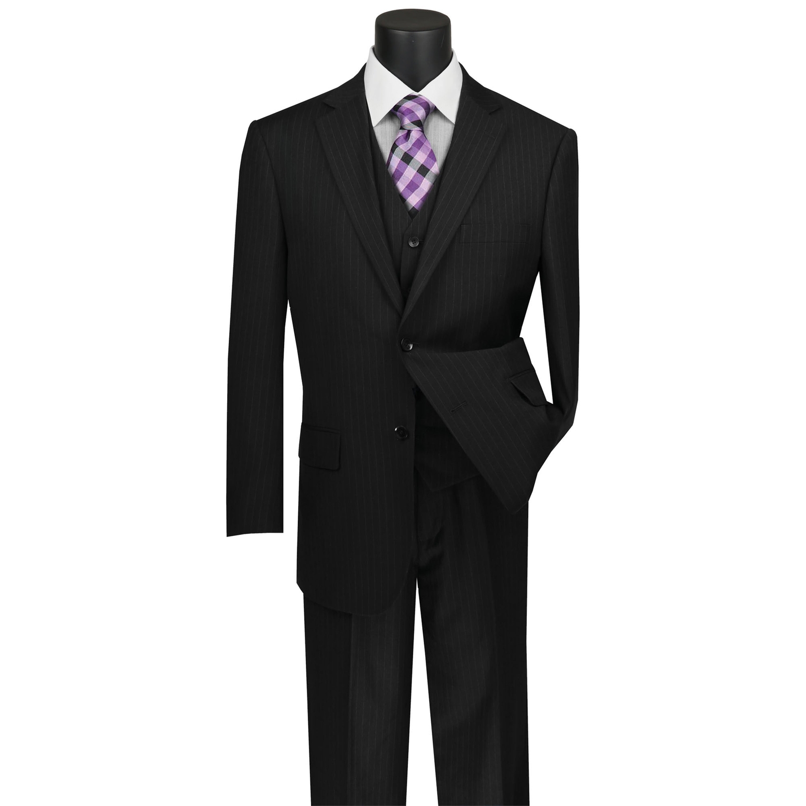 VINCI Men’s Black Pinstripe 3 Piece 2 Button Classic Fit Suit NEW