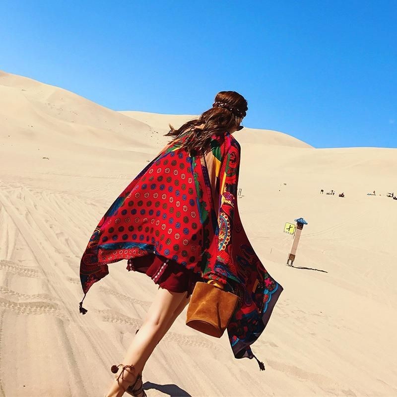 Boho Red Cotton Linen Scarf Shawl Wrap Lightweight Cover for Summer Travel Sun