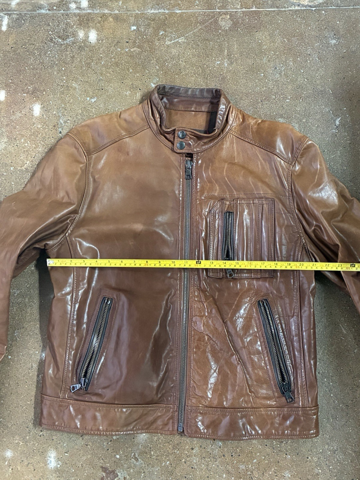 GAS Mens Brown Leather Biker Jacket XL Full Zip Button Band Collar