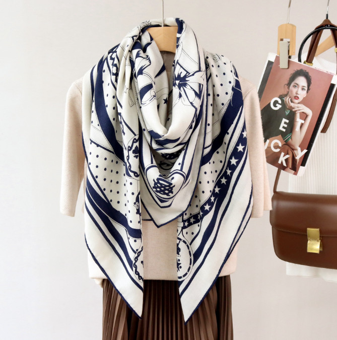 70% Cashmere 30% Silk Neckerchief ribbon Print 53” Shawl Bandana Scarf Wrap