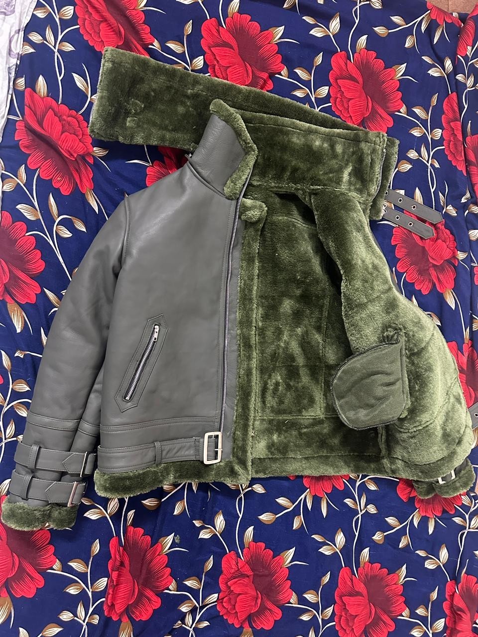 Men’s Gray Leather Bomber Flight Jacket Faux Fur Collar Full Zip Handmade Coat