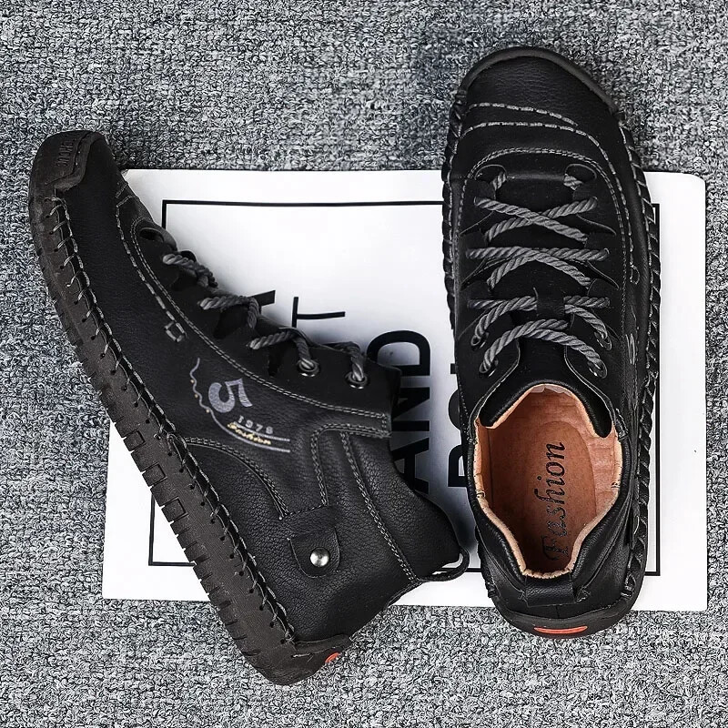 Men Hand Stitched Leather Walking Shoes Lace Up Non Slip Casual Outdoor Sneakers
