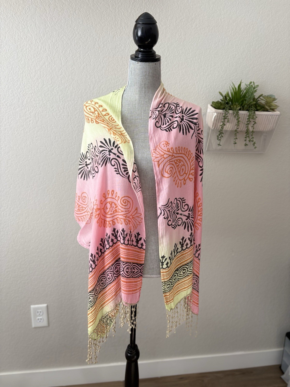 Sunha India Rayon Block Print Tassel Scarf Shawl Wrap Pink Yellow Boho Travel