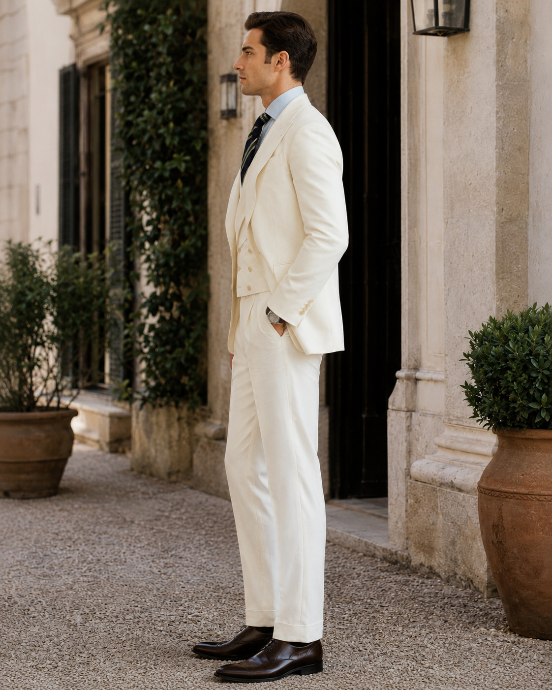 Men Ivory Cream 3 Piece Suit Peak Lapel Blazer Vest Pants Wedding Prom