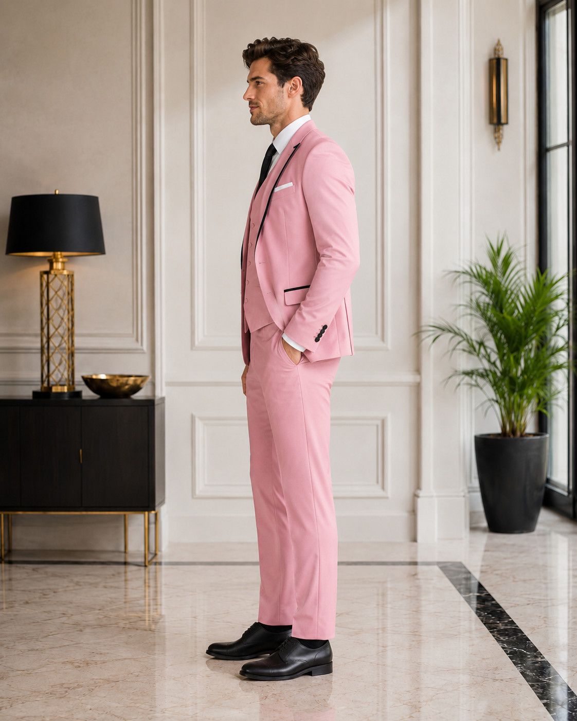 Mens Pink 3 Piece Suit Black Trim Blazer Vest Pants Wedding Prom Formal Tuxedo