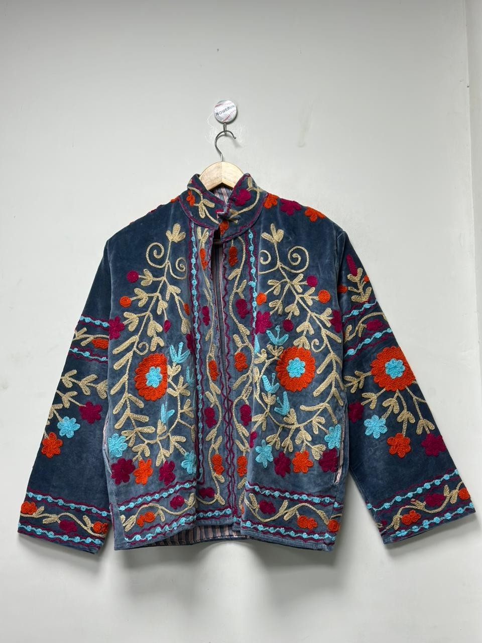 Blue Velvet Suzani Embroidered Jacket Floral Women Boho Festival Statement Coat