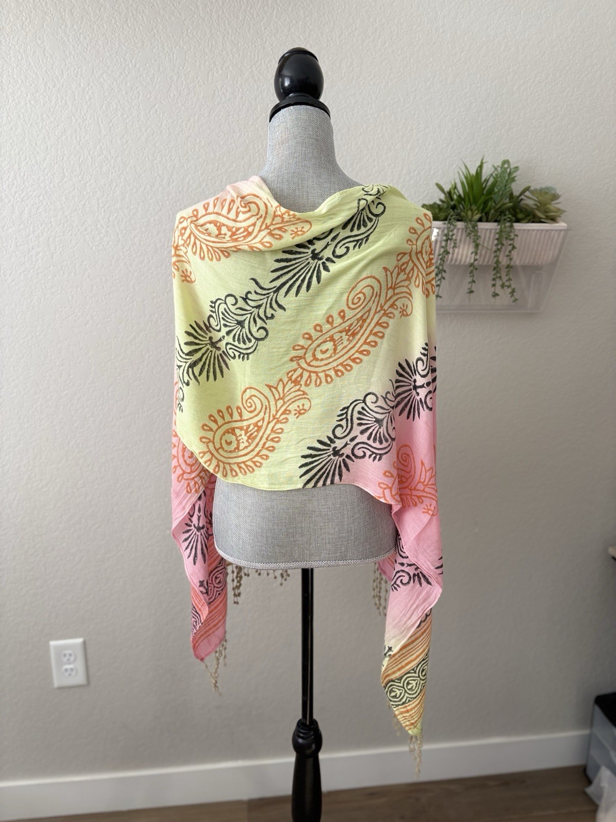 Sunha India Rayon Block Print Tassel Scarf Shawl Wrap Pink Yellow Boho Travel