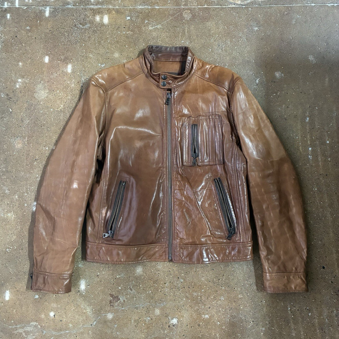 GAS Mens Brown Leather Biker Jacket XL Full Zip Button Band Collar