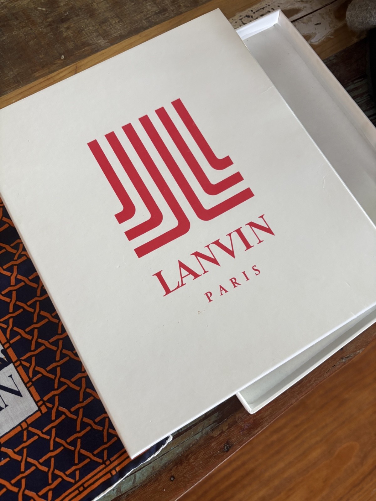 Vintage LANVIN Paris Silk Scarf 90s Floral Geometric Orange Blue Hand Rolled