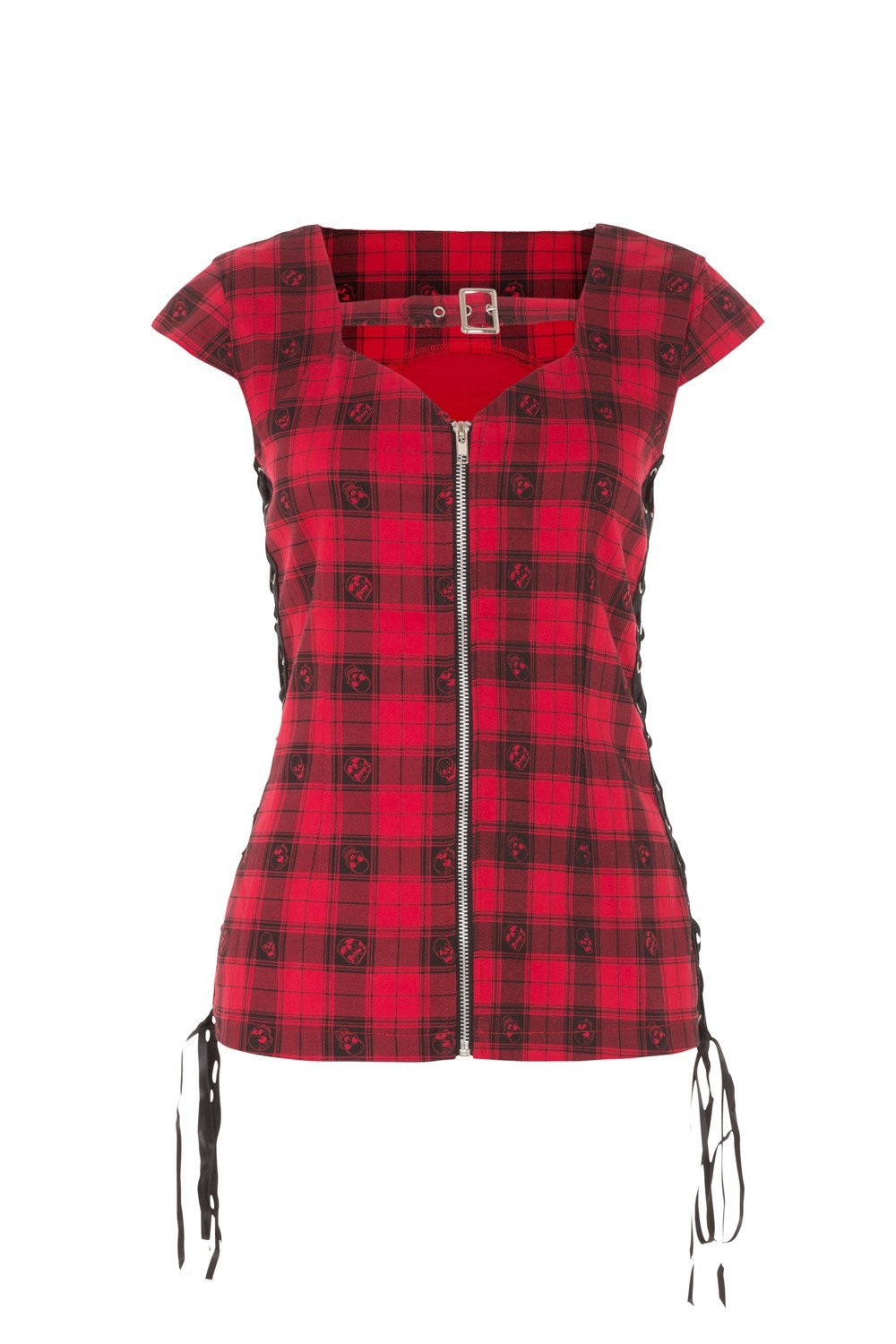 JAWBREAKER PUNK ROCK TATTOO SKULLS RED PLAID ME UP FRONT ZIP TOP SHIRT TPA1743