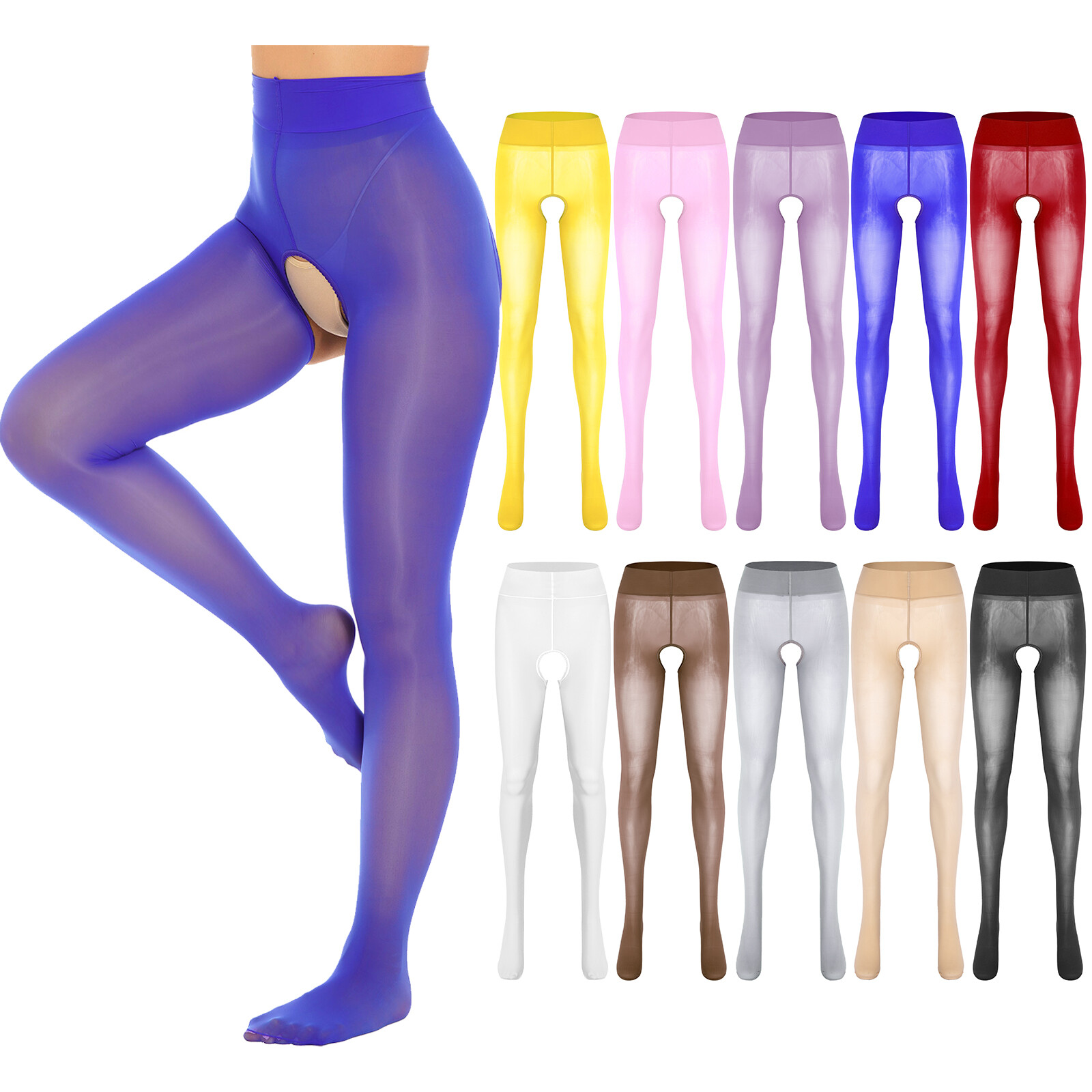 Women Oil Glossy Crotchless Pantyhose Stockings Stretchy Tights Sports Lingerie