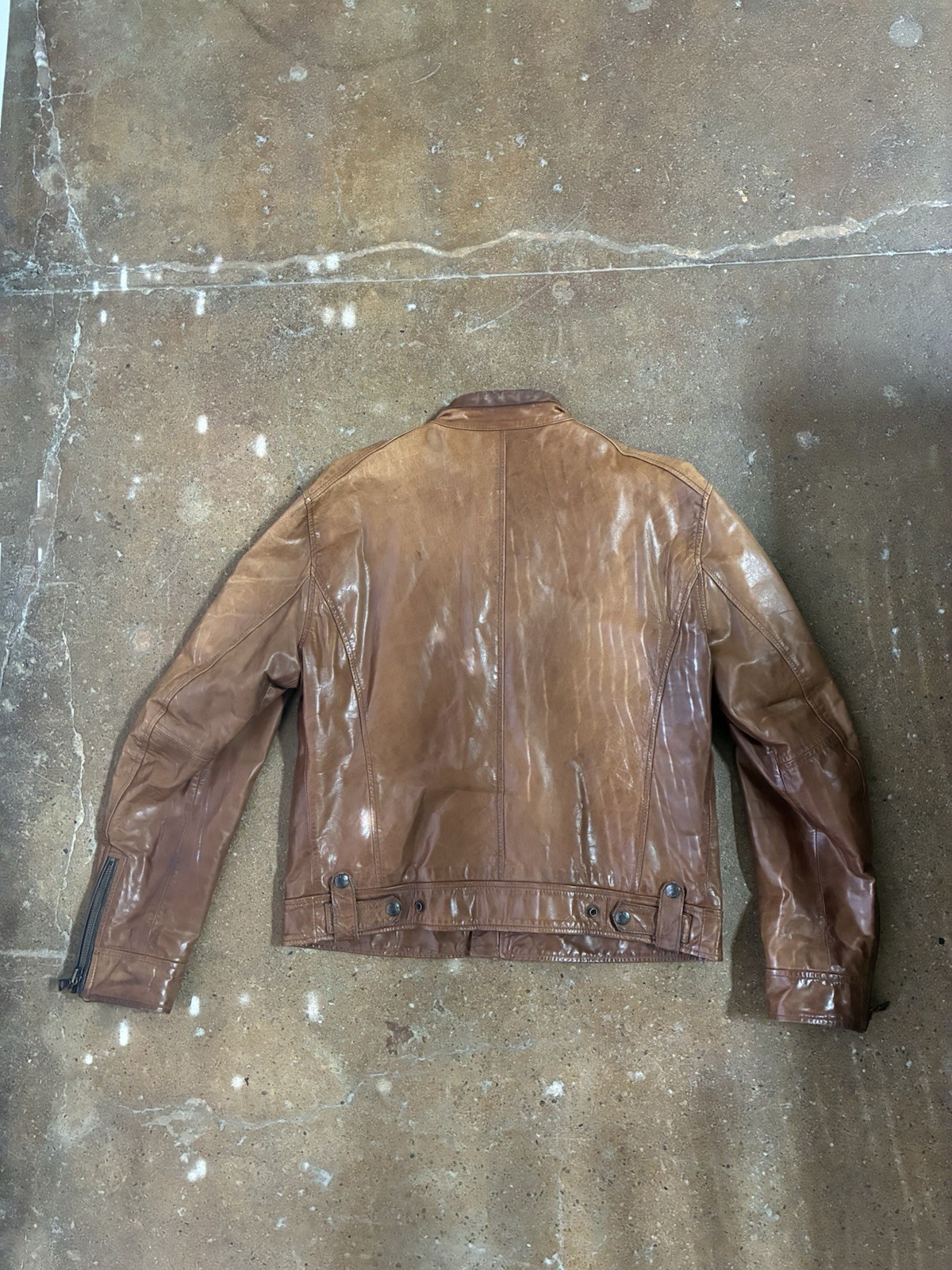GAS Mens Brown Leather Biker Jacket XL Full Zip Button Band Collar