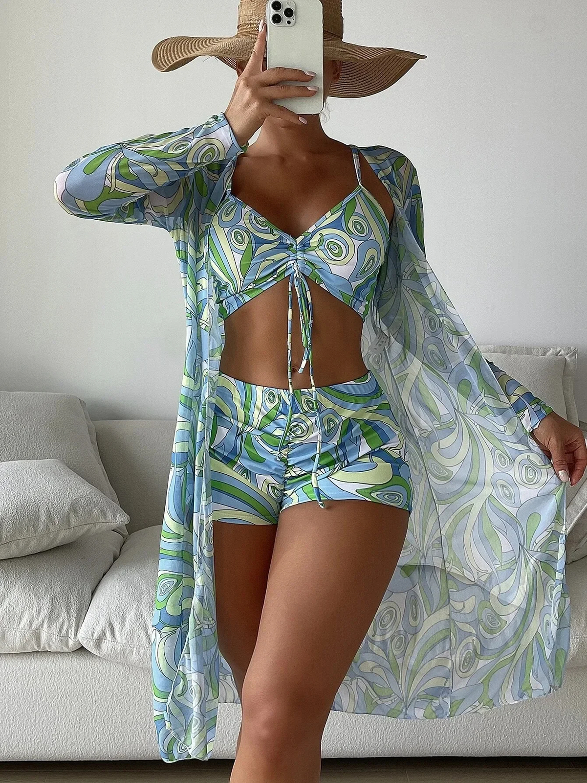 Womens 3 Piece Swimsuit with Mesh Long Sleeve Cover Up Drawstring Bathing Suits