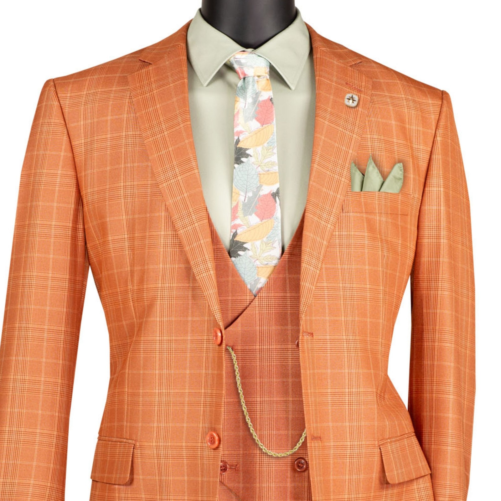 VINCI Men’s Rust Sharkskin Glen Plaid 3 Piece Classic Fit Suit – NEW