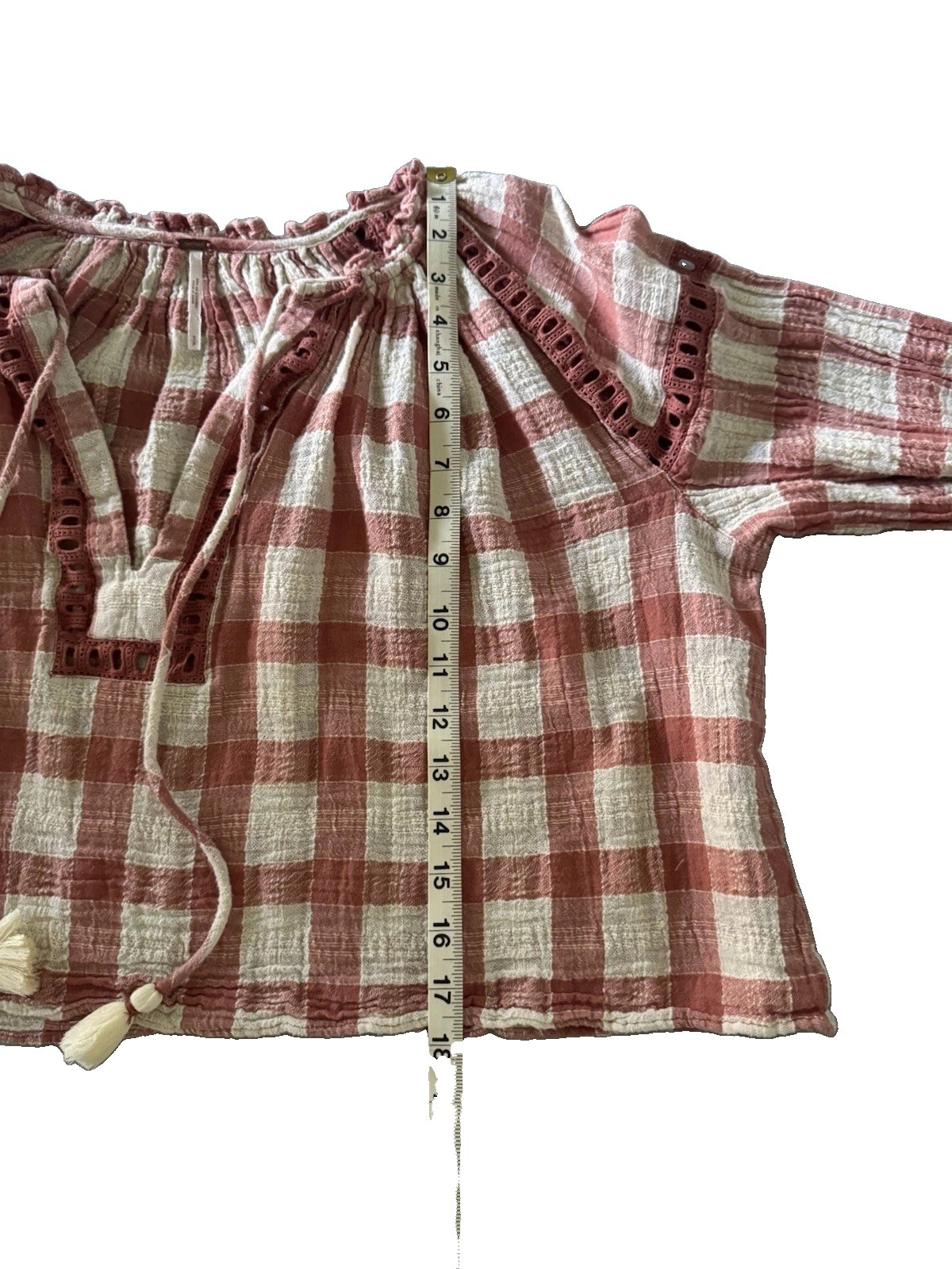 Free People Gingham Peasant Top Small Peachy Pink Cotton Boho Cottagecore Gauzy