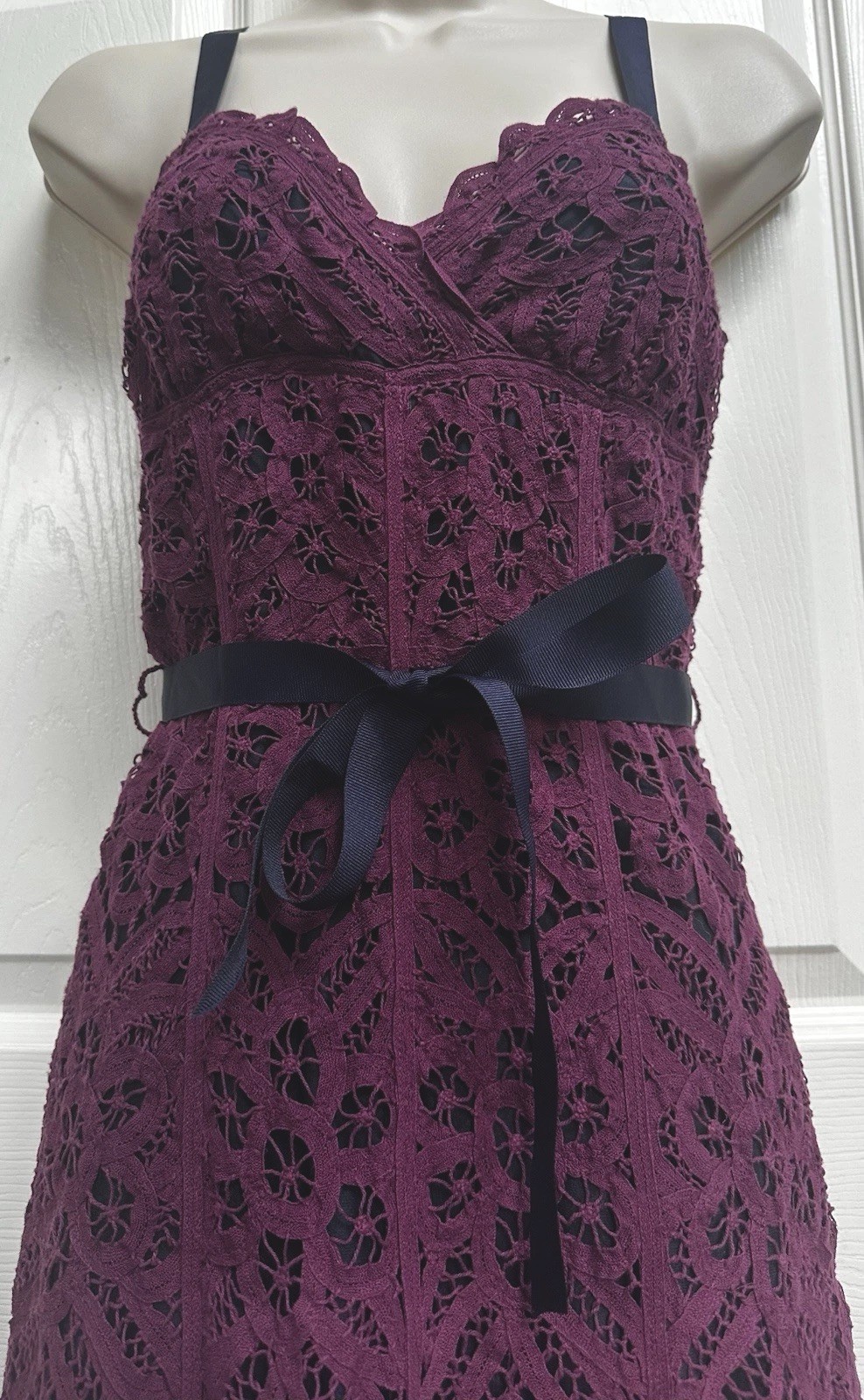 Betsey Johnson 1990s SZ 4 Purple Crochet Lace Overlay Over Navy Silk Navy Trim