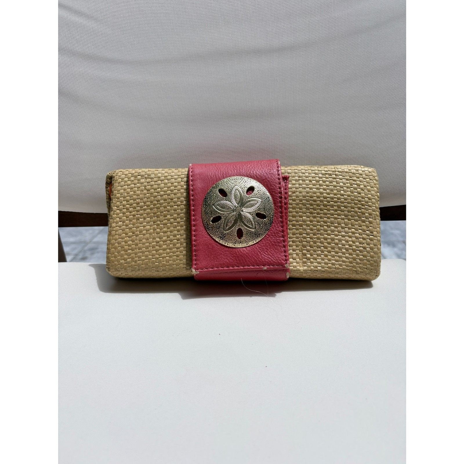 Mud Pie Woven Straw Clutch Wallet Pink Faux Leather Sand Dollar Accent