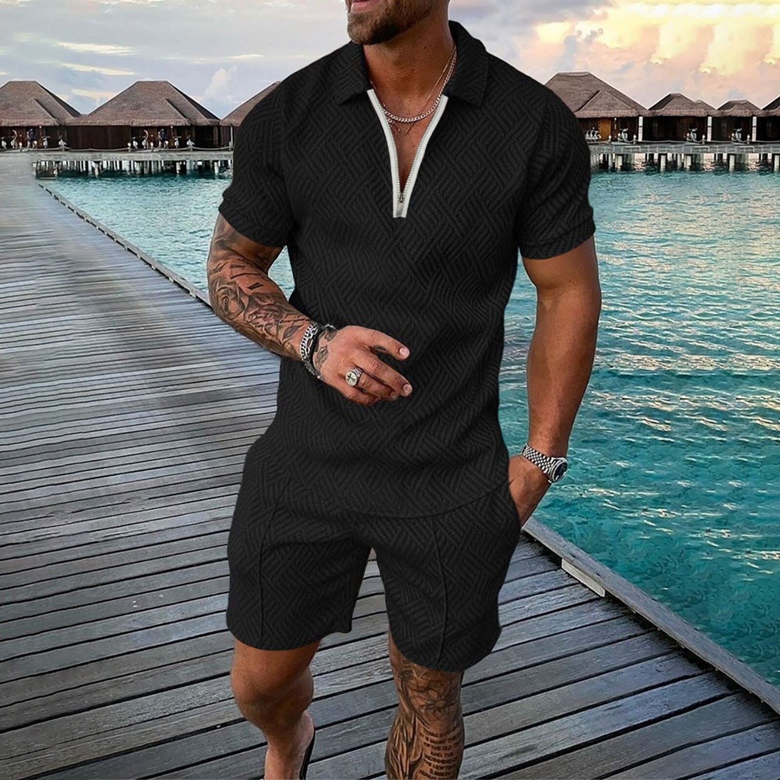 Mens Short Sets 2 Piece Outfits Pol Shirt Casual Short Sleeve and Shorts Set