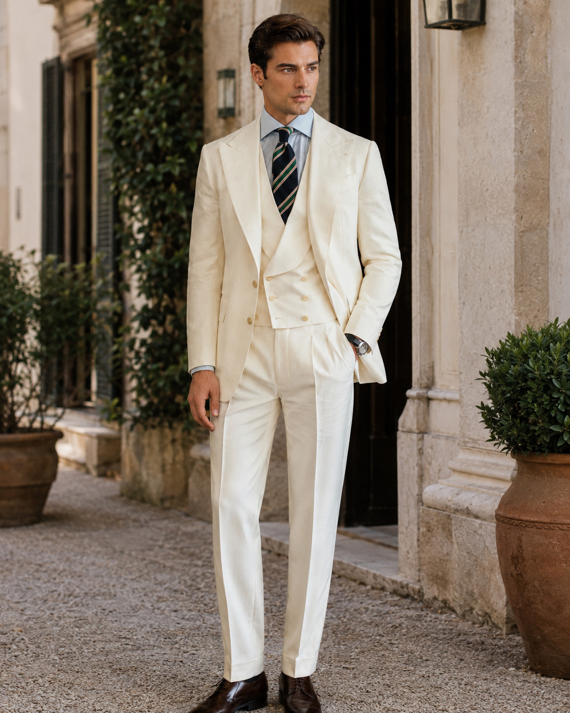 Men Ivory Cream 3 Piece Suit Peak Lapel Blazer Vest Pants Wedding Prom