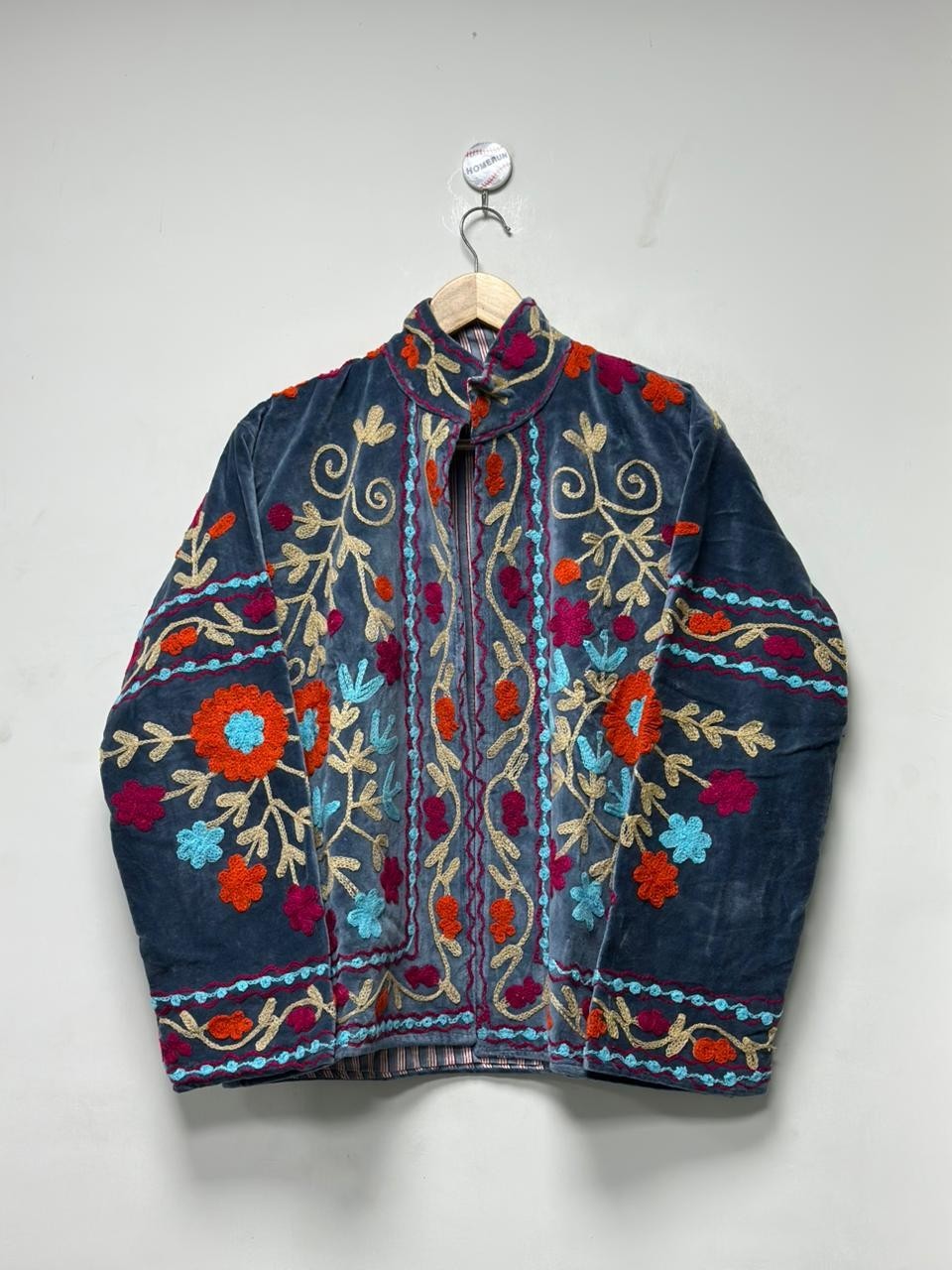 Blue Velvet Suzani Embroidered Jacket Floral Women Boho Festival Statement Coat