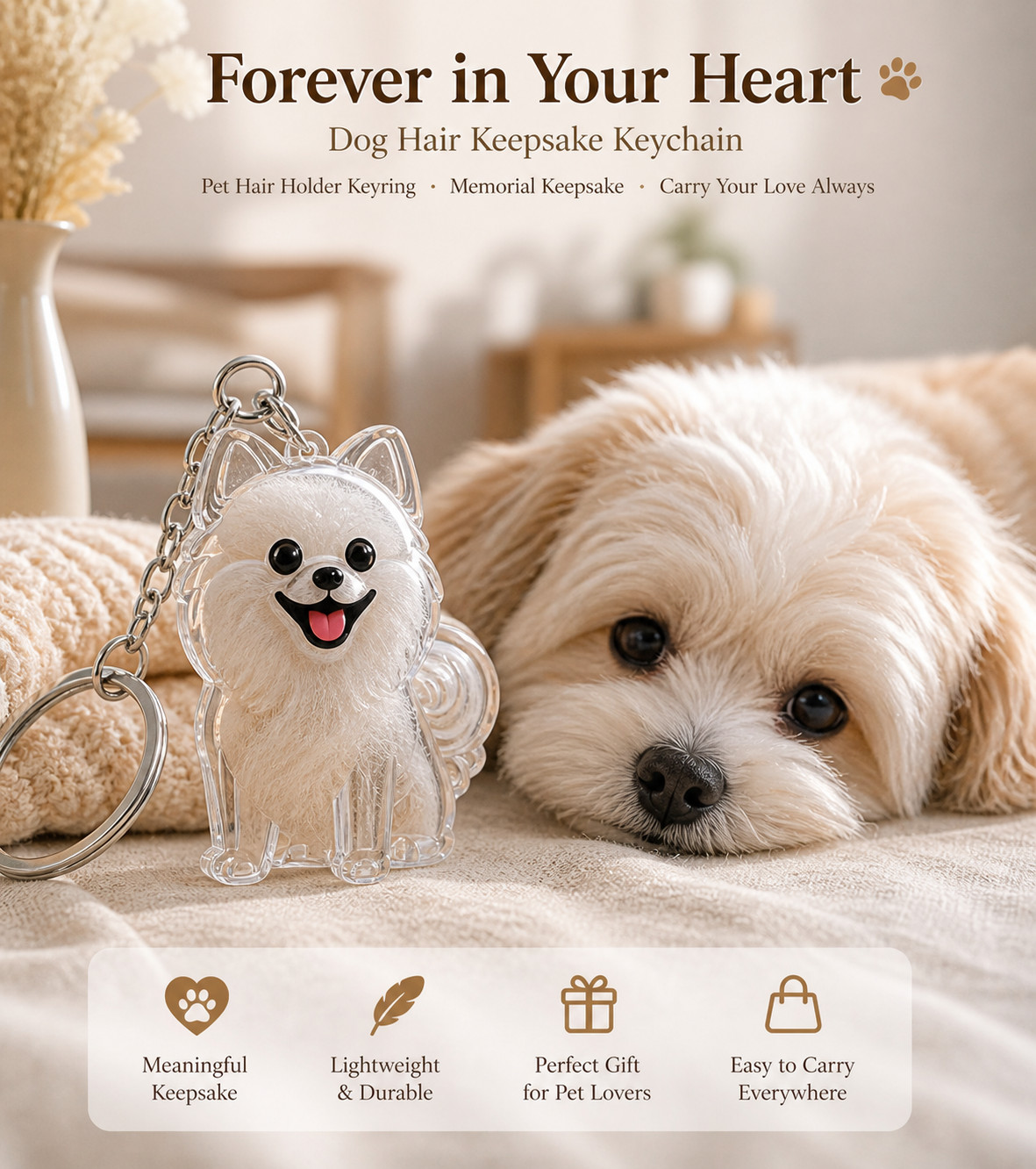 Dog Hair Collector Keychain Charm Memorial Storage Box, Pet Hair Keepsake