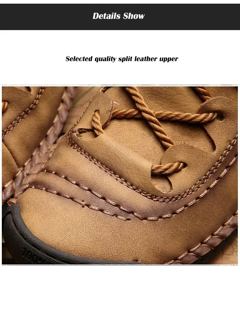 Men Hand Stitched Leather Walking Shoes Lace Up Non Slip Casual Outdoor Sneakers