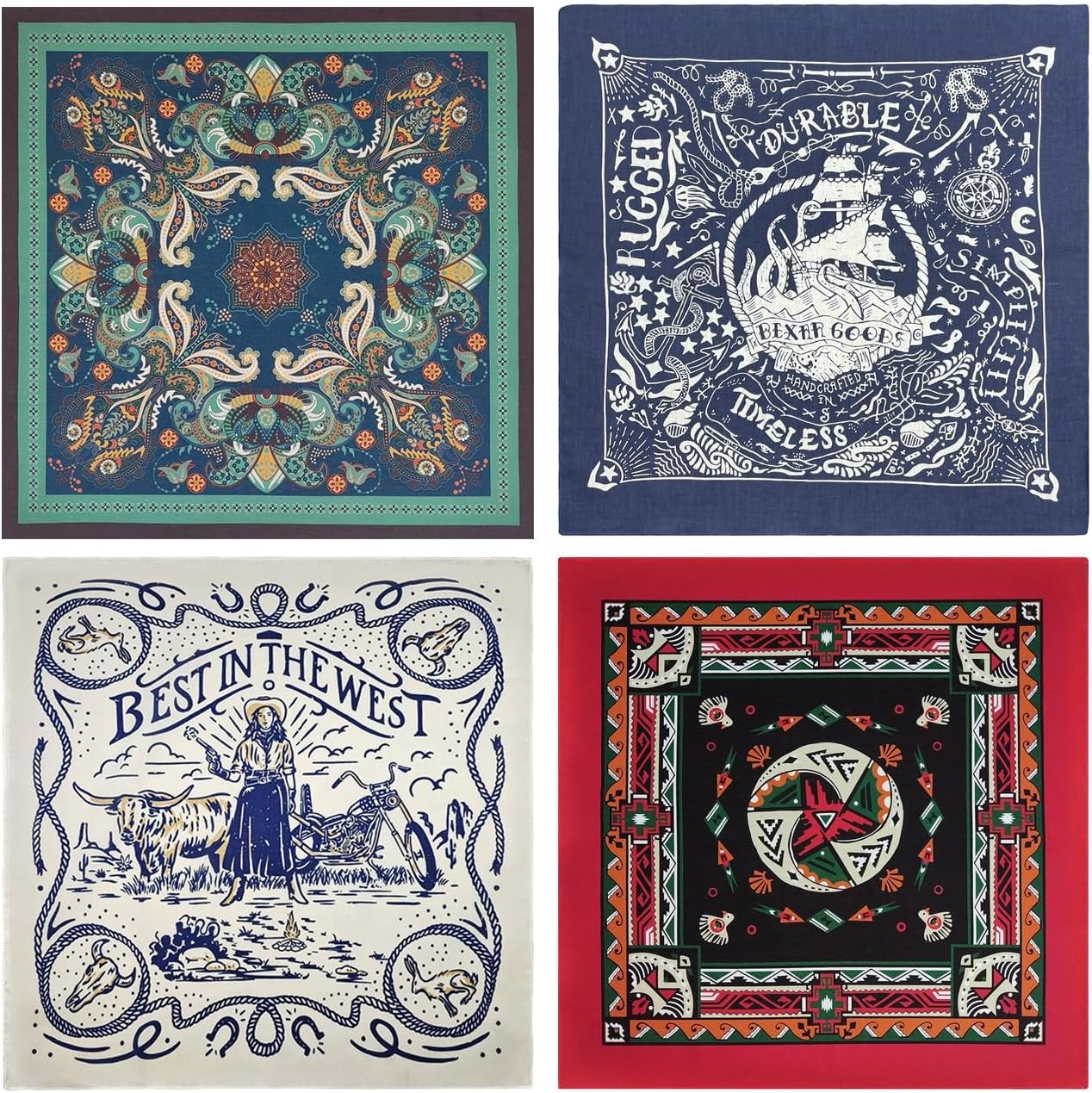 Bycc Bynn 4-Pack 100% Cotton Bandana Set, Vintage Graphic Print, 22×22 inches